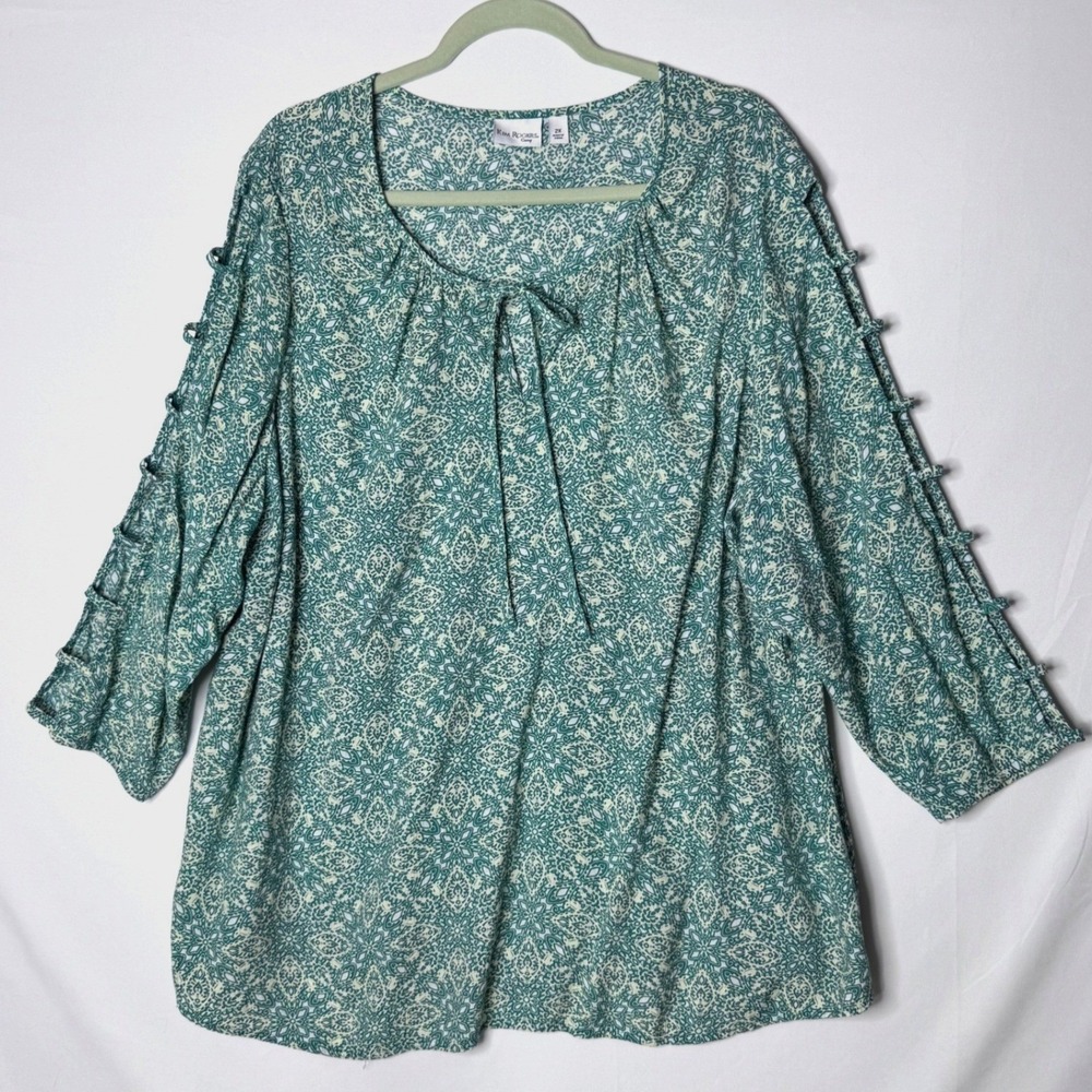 Kim Rogers Blouse Women 2X Green Print Cut Out Sleeve Boho Peasant Top Cottage
